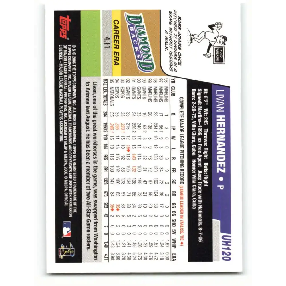 2006 Topps Update #120 Livan Hernandez EX Excellent Arizona Diamondbacks Baseball Card - Baseball Card Single
