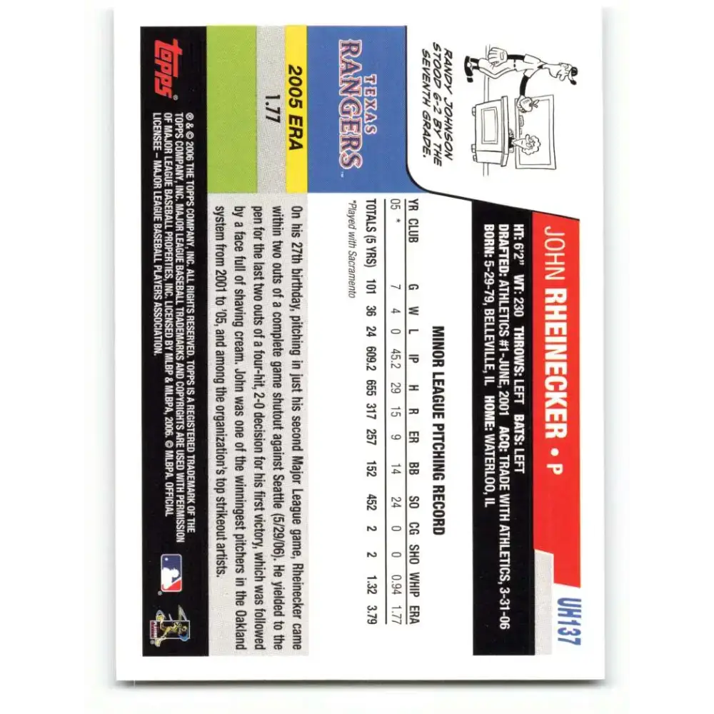 2006 Topps Update #137 John Rheinecker EX Excellent RC Rookie Texas Rangers Baseball Card - Baseball Card Single