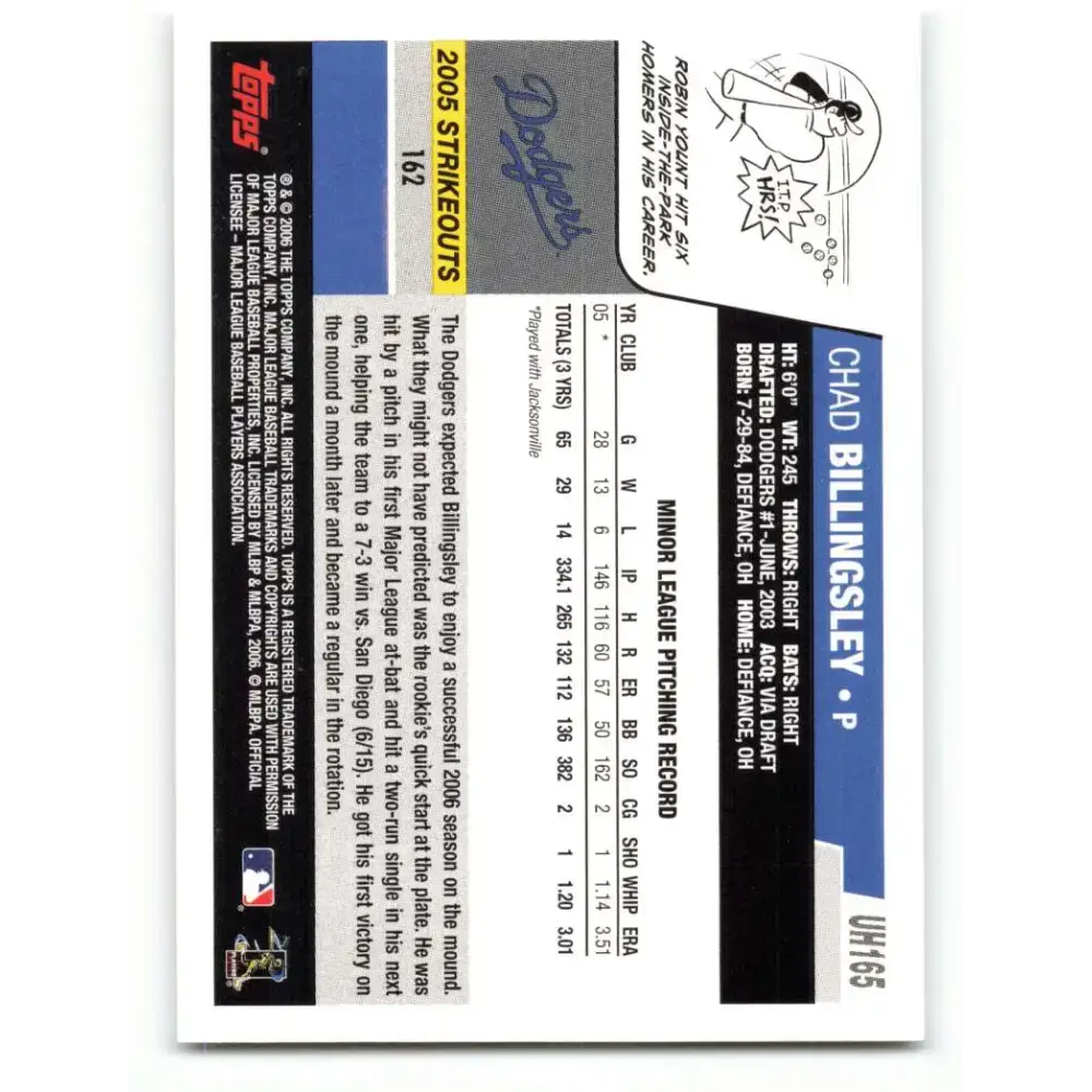 2006 Topps Update #165 Chad Billingsley EX Excellent RC Rookie Los Angeles Dodgers Baseball Card - Baseball Card Single