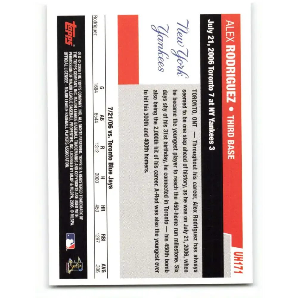 2006 Topps Update #171 Alex Rodriguez EX Excellent New York Yankees Baseball Card - Baseball Card Single