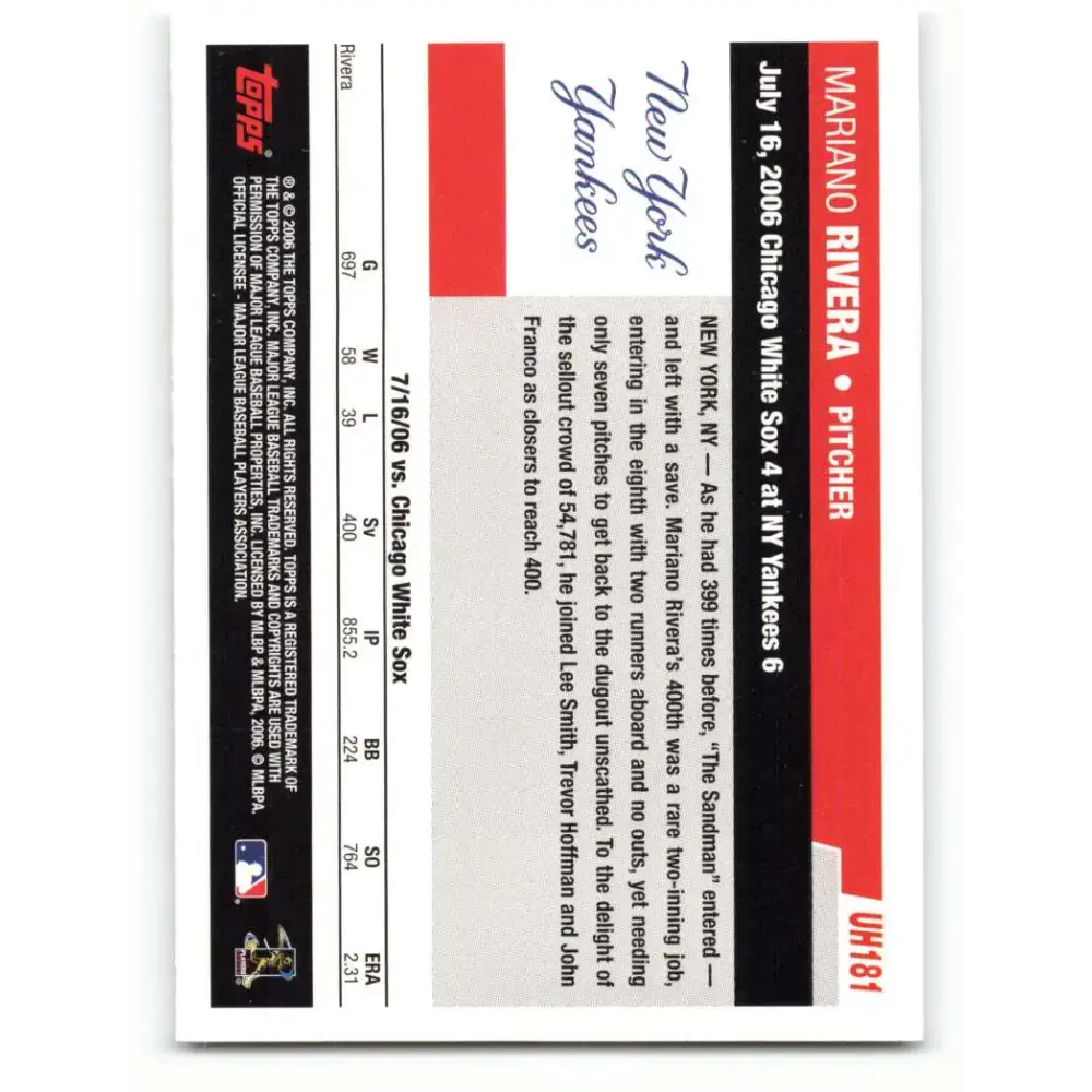 2006 Topps Update #181 Mariano Rivera EX Excellent New York Yankees Baseball Card - Baseball Card Single