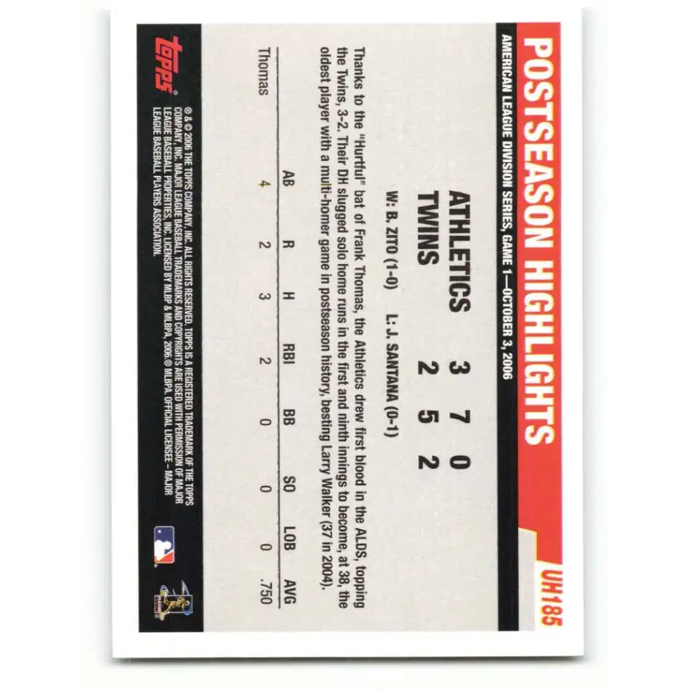 2006 Topps Update #185 Frank Thomas EX Excellent Oakland Athletics Baseball Card - Baseball Card Single
