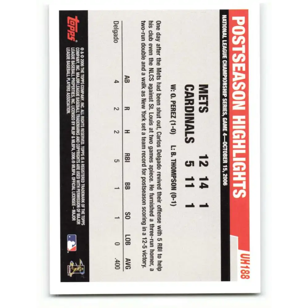 2006 Topps Update #188 Carlos Delgado EX Excellent New York Mets Baseball Card - Baseball Card Single