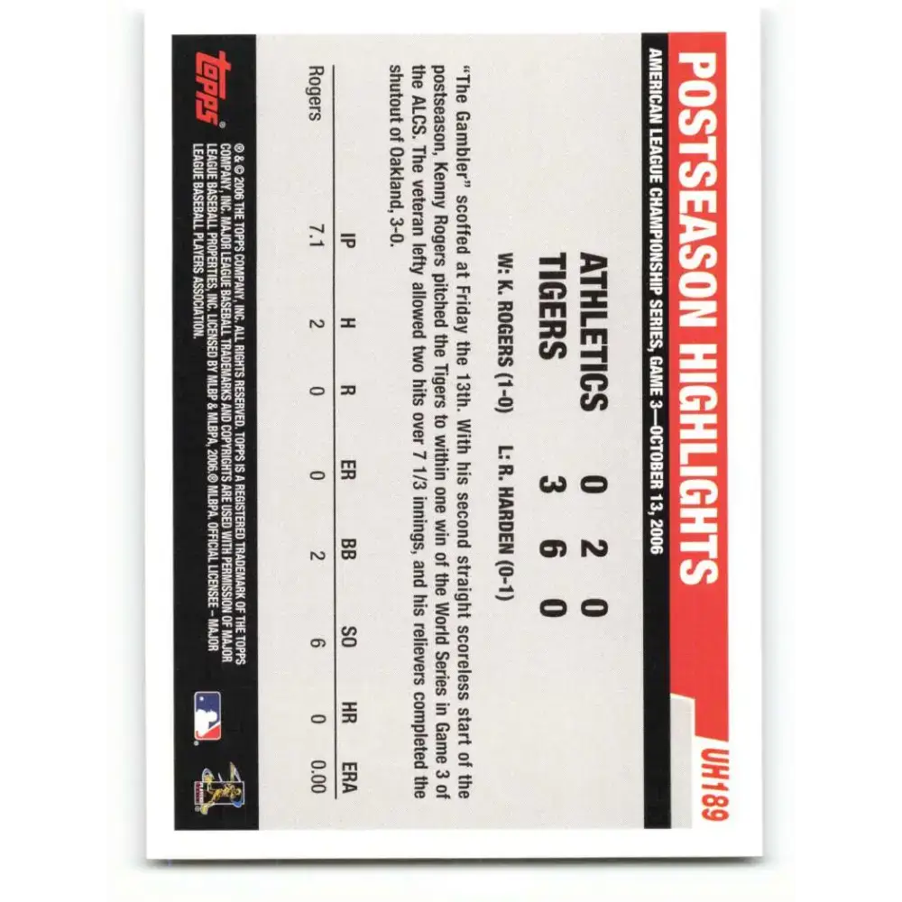 2006 Topps Update #189 Kenny Rogers EX Excellent Detroit Tigers Baseball Card - Baseball Card Single