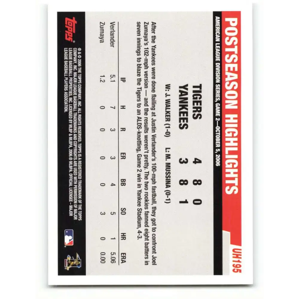 2006 Topps Update #195 Justin Verlander/Joel Zumaya EX Excellent Detroit Tigers Baseball Card - Baseball Card Single