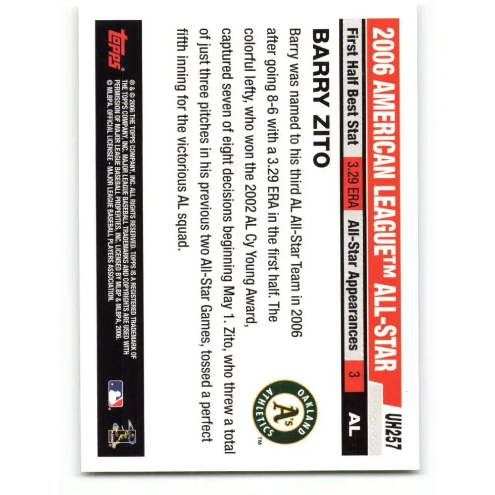 2006 Topps Update #257 Barry Zito EX Excellent Oakland Athletics Baseball Card - Baseball Card Single
