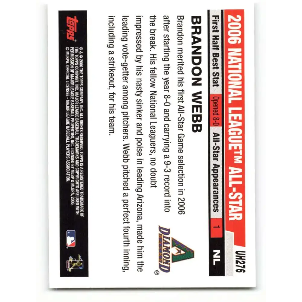 2006 Topps Update #276 Brandon Webb EX Excellent Arizona Diamondbacks Baseball Card - Baseball Card Single