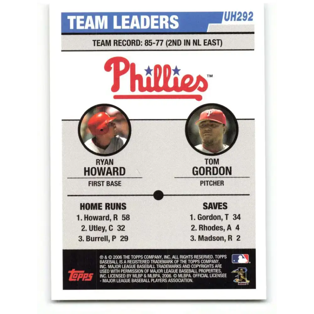 2006 Topps Update #292 Ryan Howard/Tom Gordon EX Excellent Philadelphia Phillies Baseball Card - Baseball Card Single