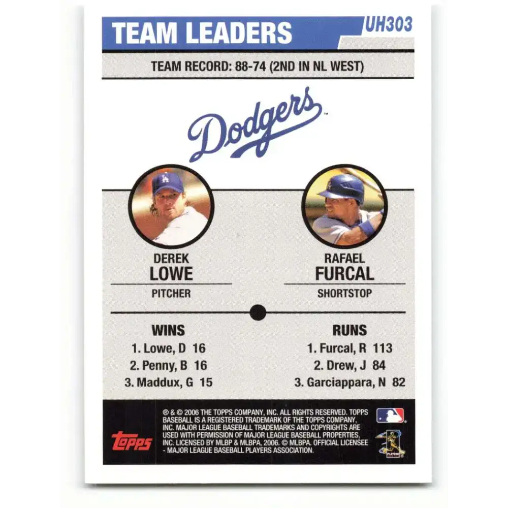2006 Topps Update #303 Derek Lowe/Rafael Furcal EX Excellent Los Angeles Dodgers Baseball Card - Baseball Card Single