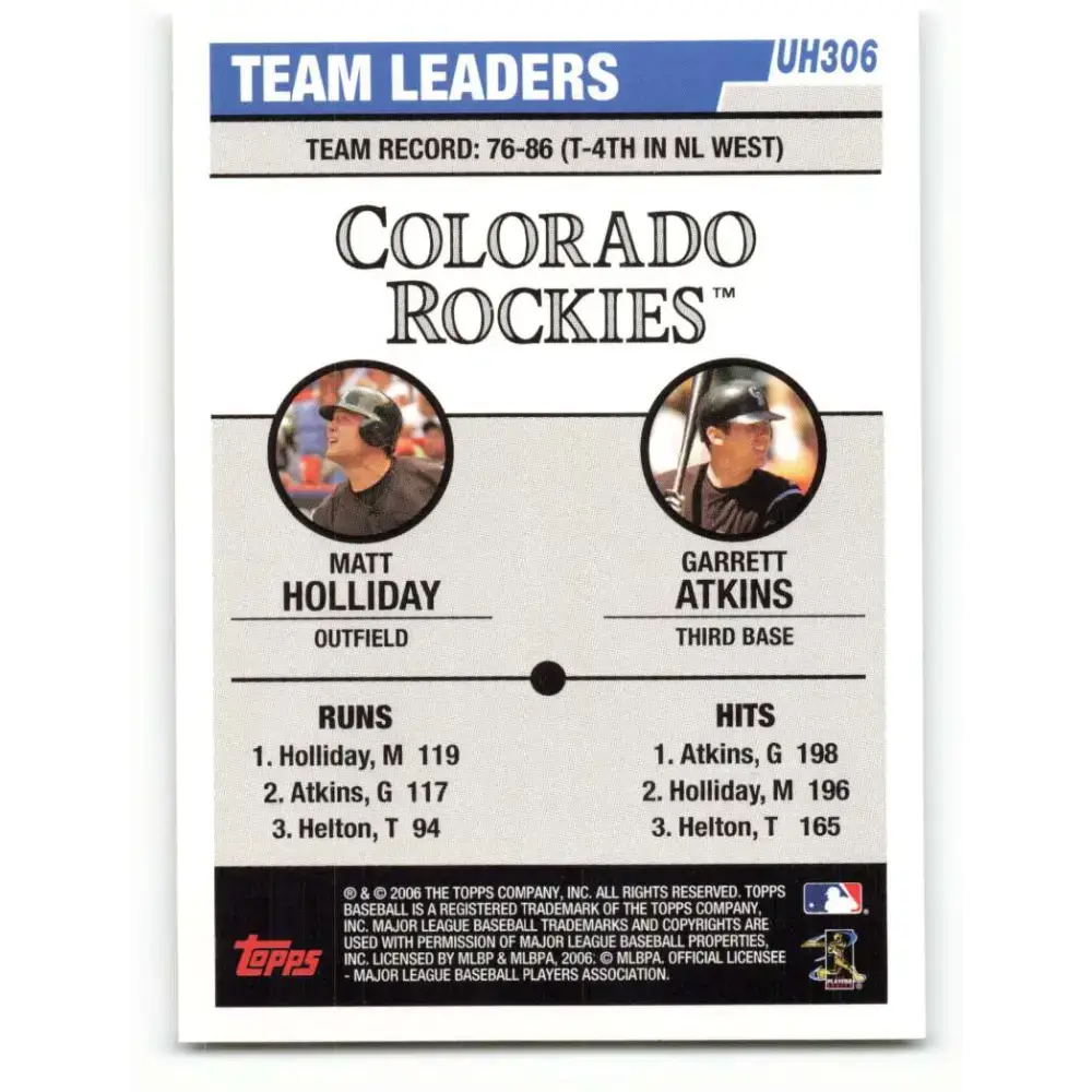 2006 Topps Update #306 Garrett Atkins/Matt Holliday EX Excellent Colorado Rockies Baseball Card - Baseball Card Single