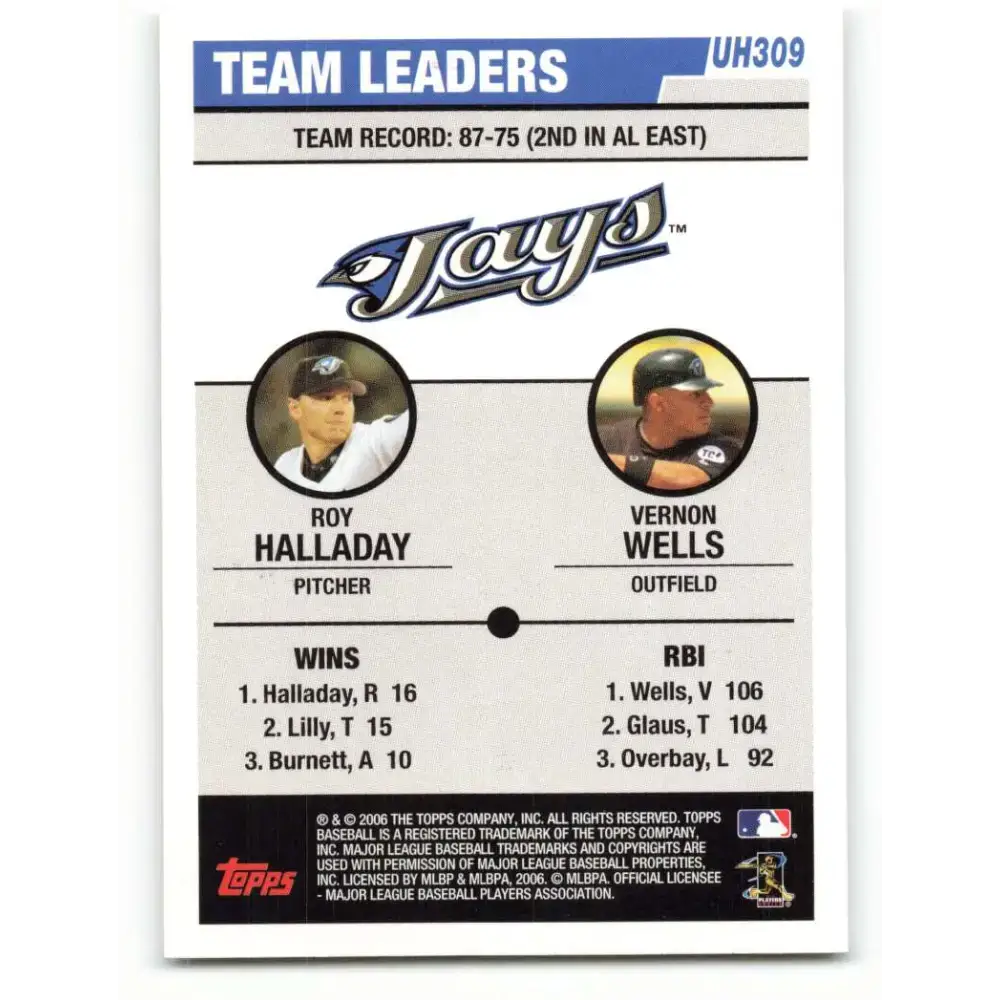2006 Topps Update #309 Vernon Wells/Roy Halladay EX Excellent Toronto Blue Jays Baseball Card - Baseball Card Single