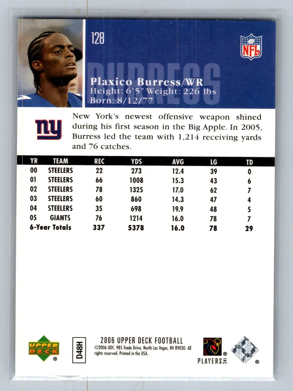 2006 Upper Deck #128 Plaxico Burress New York Giants - Football Card Single