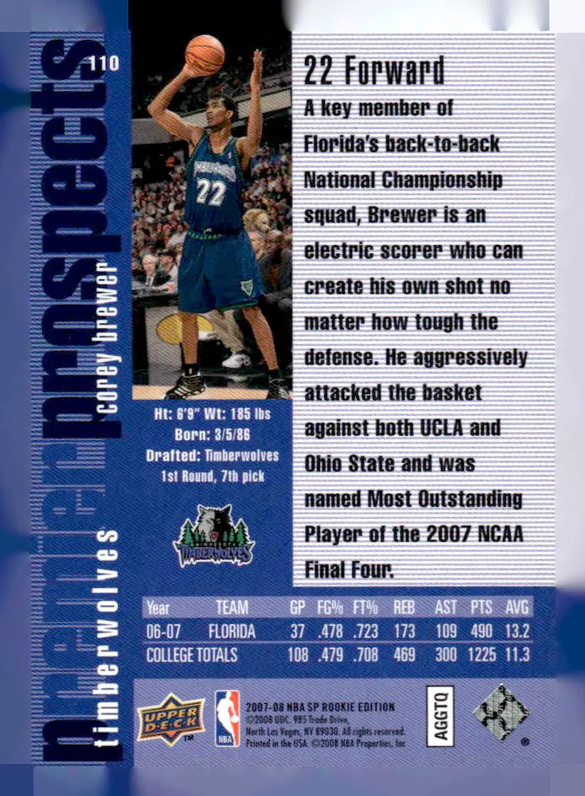 2007-08 SP Rookie Edition #110 Corey Brewer - Basketball Card Single