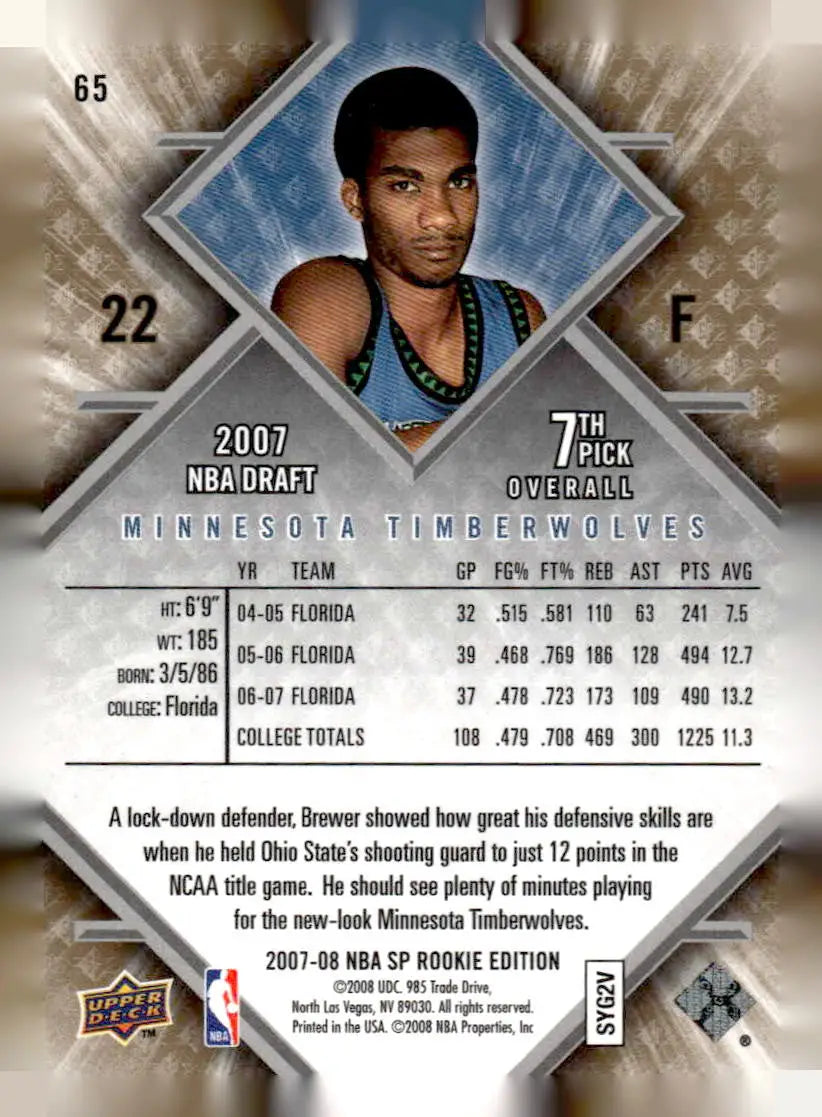 2007-08 SP Rookie Edition #65 Corey Brewer - Basketball Card Single