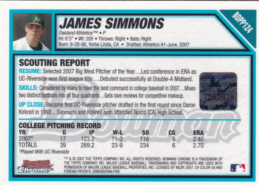 2007 BOWMAN CHROME #BDPP124 JAMES SIMMONS AUTO- OAKLAND ATHLETICS - Baseball Card Single