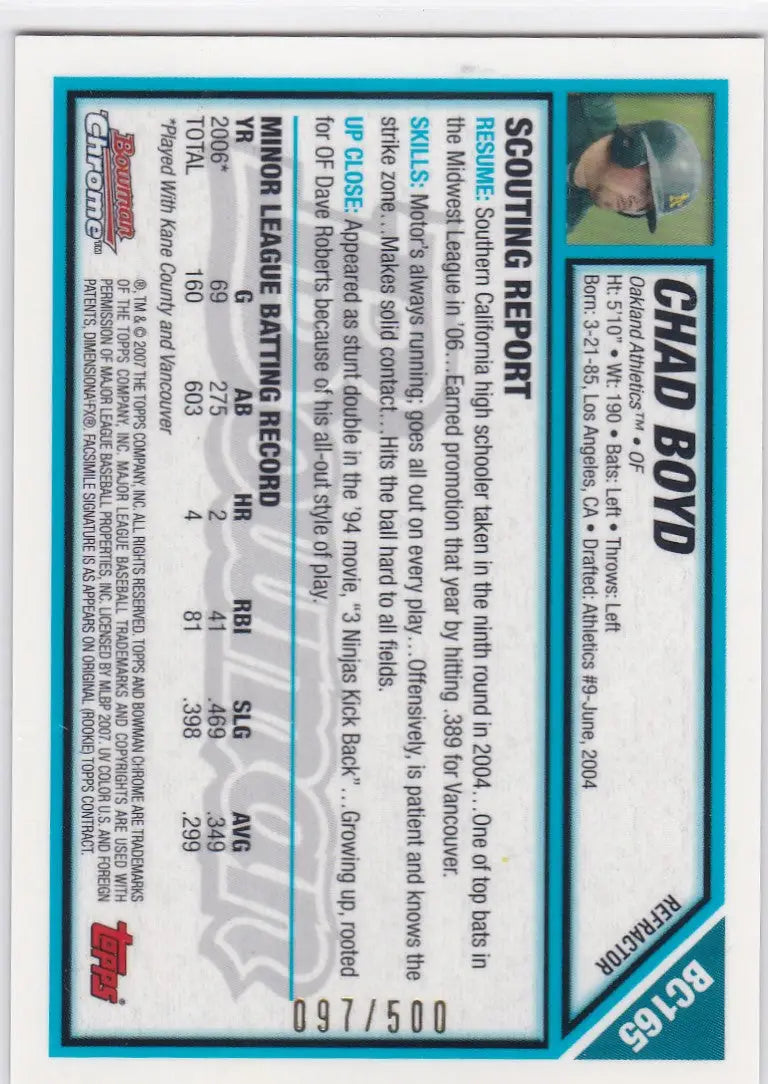 Baseball trading card of 2007 Bowman Chrome Prospects BC165 Chad Boyd Refractor