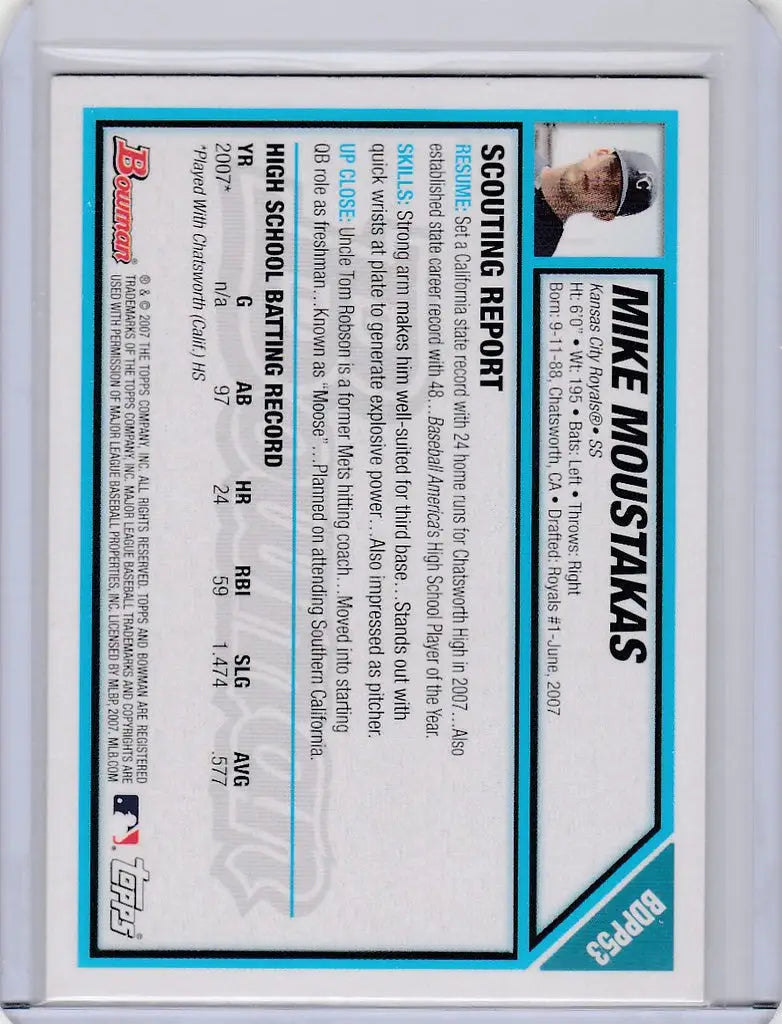 Baseball trading card featuring stats and photo of BDPP53 Mike Moustakas Kansas City Royals