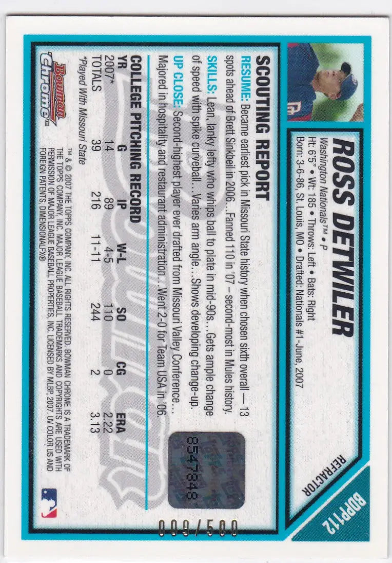 2007 Bowman Draft Chrome #BDPP112 Ross Detwiler RC Auto with teal and white border design