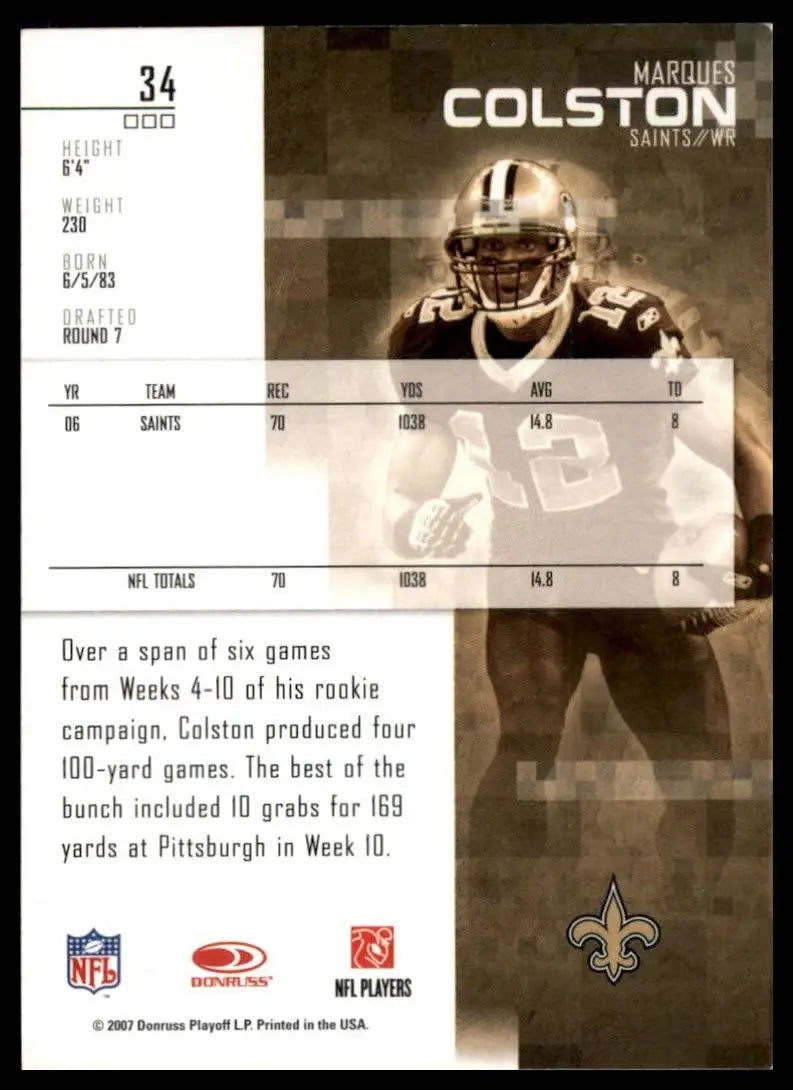 2007 Leaf Rookies & Stars Marques Colston #34 New Orleans Saints Football Card