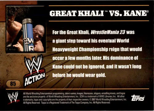Original gloss of Topps Action WWE wrestling trading card featuring The Great Khali vs Kane