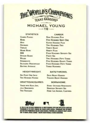 2007 Topps Allen & Ginter #110 Michael Young - Baseball Card Single