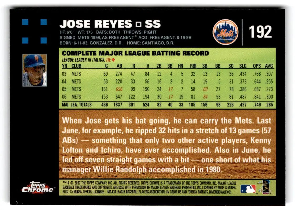 2007 Topps Chrome #192 Jose Reyes - Baseball Card Single