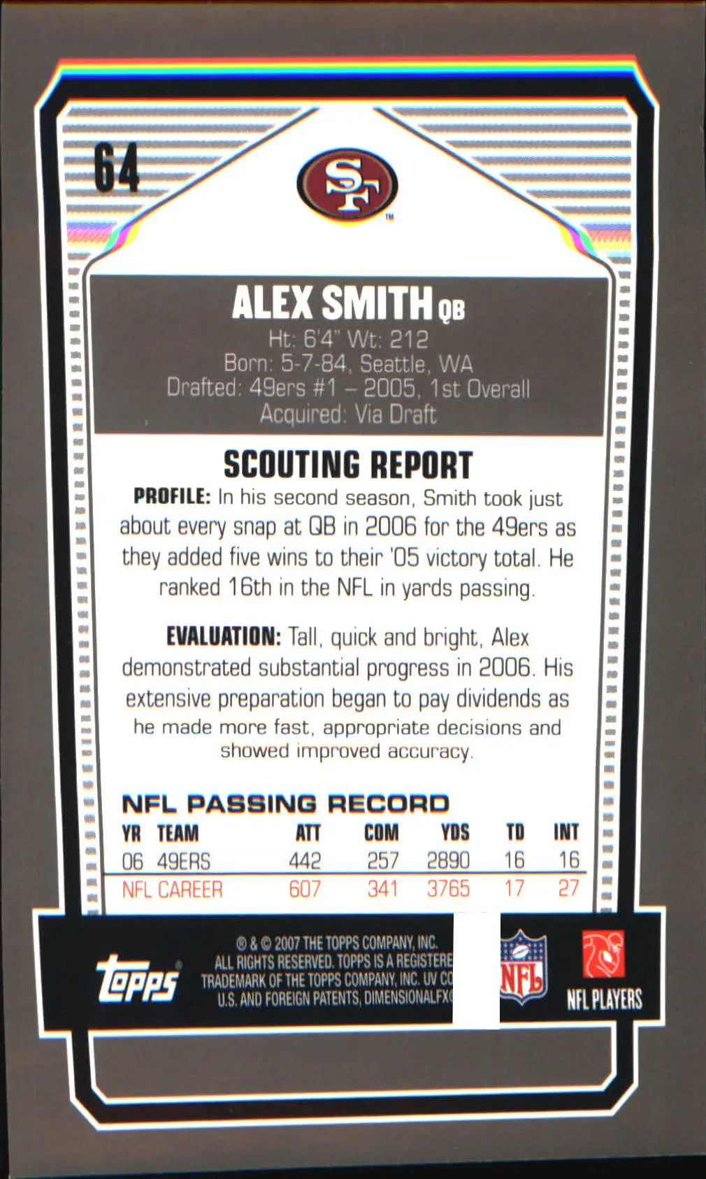 2007 Topps Draft Picks & Prospects Chrome Black #64 Alex Smith - Football Card Single