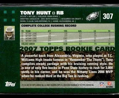 2007 Topps Tony Hunt #307 RC Philadelphia Eagles