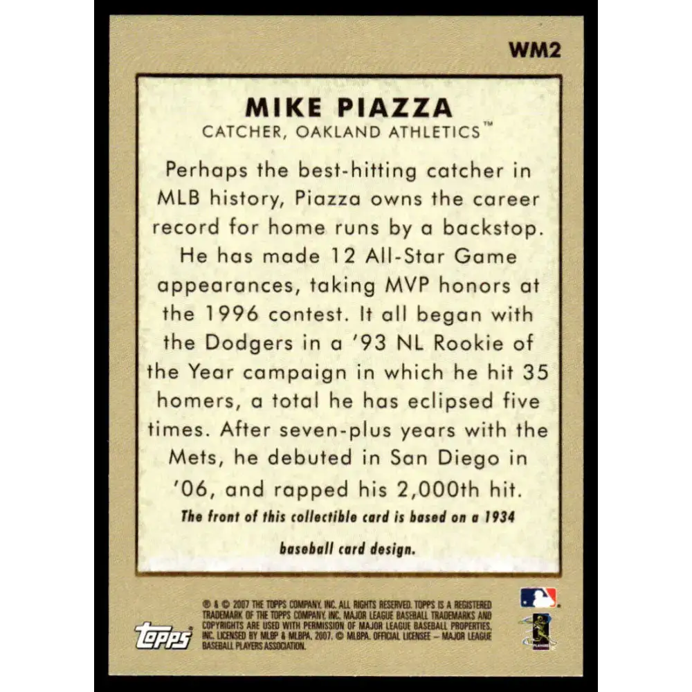 2007 Topps #WM2 Mike Piazza EX/NM Oakland Athletics Baseball Card - Baseball Card Single