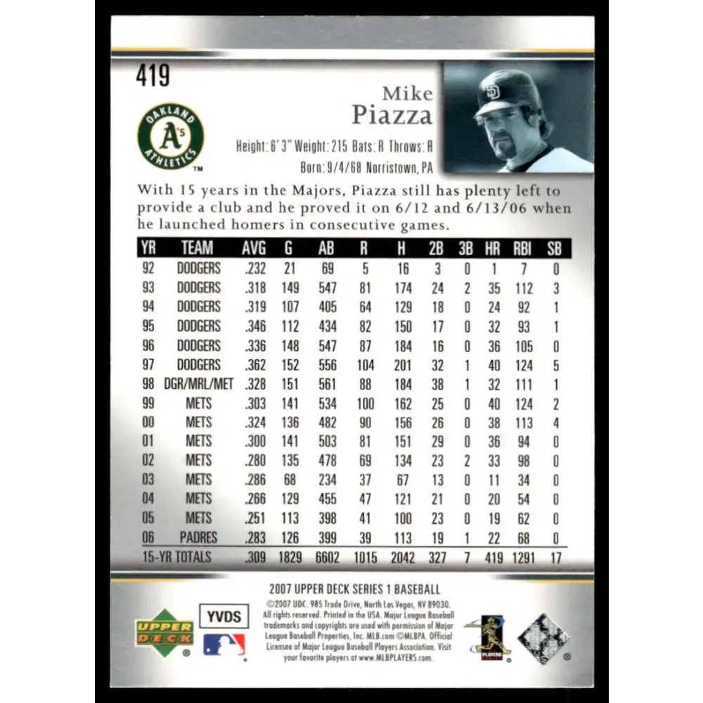 2007 Upper Deck #419 Mike Piazza EX/NM Oakland Athletics Baseball Card - Baseball Card Single