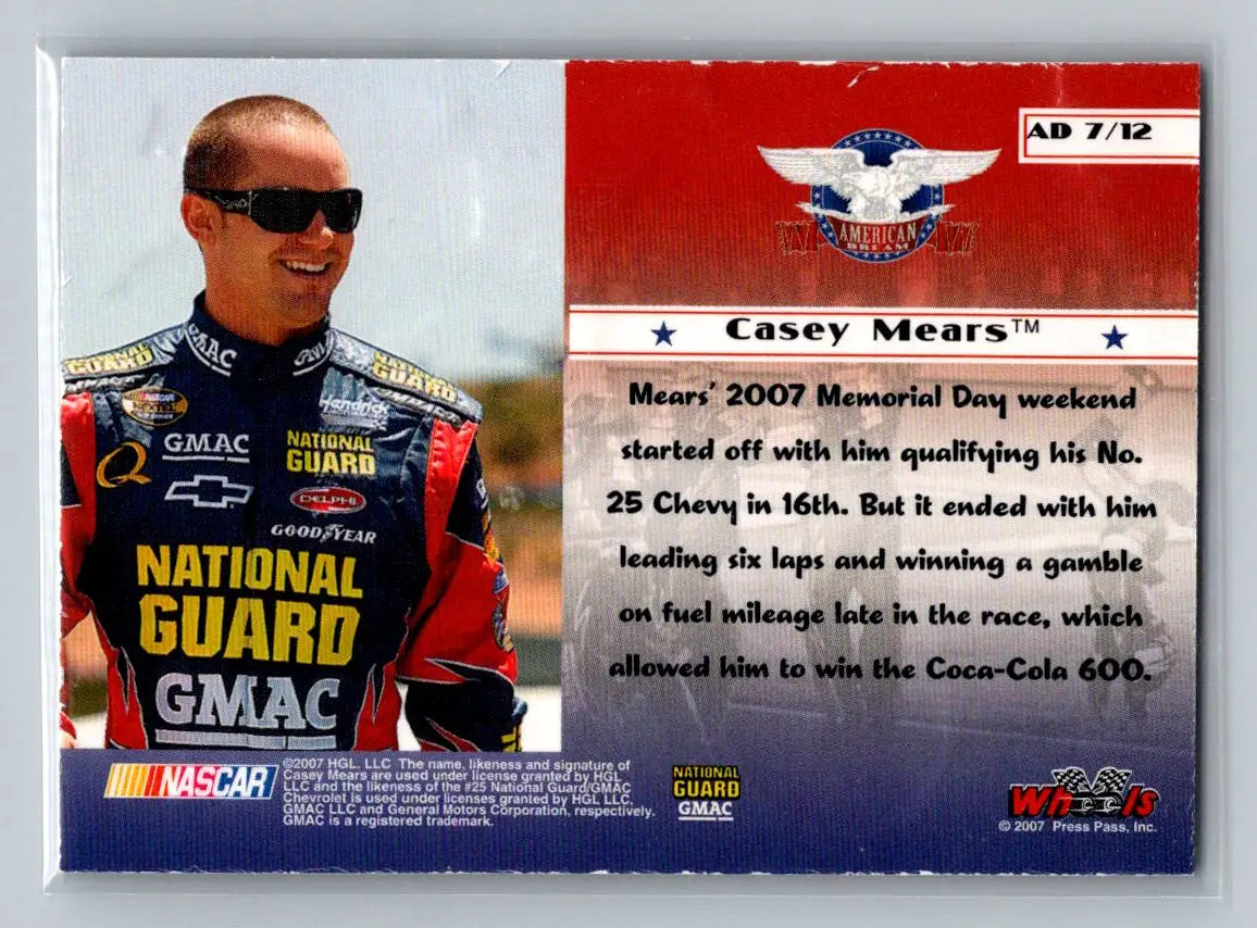 2007 Wheels American Thunder #AD 7 Casey Mears Hendrick Motorsports - Racing Card Single
