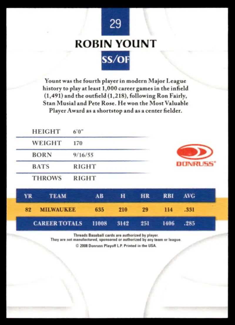 2008 Donruss Threads #29 Robin Yount EX Excellent Milwaukee Brewers Baseball Card - Baseball Card Single