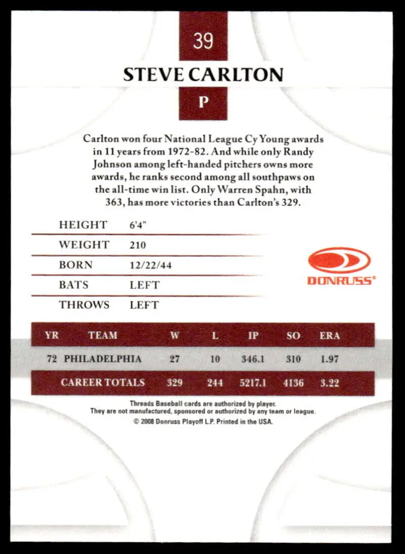 2008 Donruss Threads #39 Steve Carlton EX Excellent Philadelphia Phillies Baseball Card - Baseball Card Single