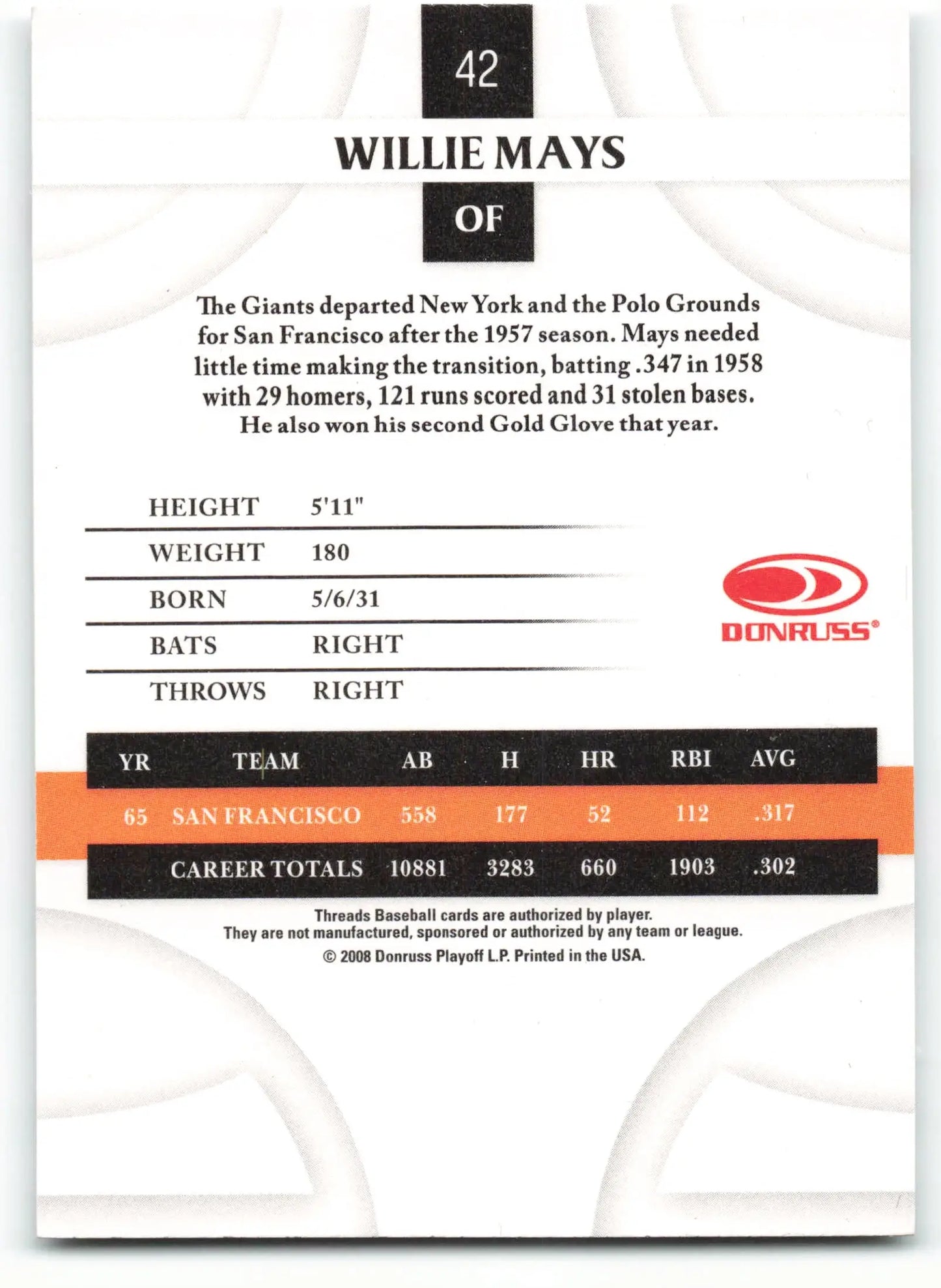 2008 Donruss Threads #42 Willie Mays EX Excellent San Francisco Giants Baseball Card - Baseball Card Single