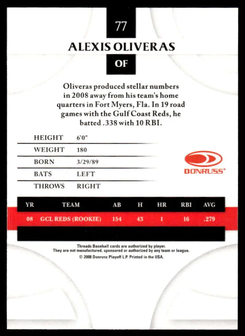 2008 Donruss Threads #77 Alexis Oliveras EX Excellent Cincinnati Reds Baseball Card - Baseball Card Single