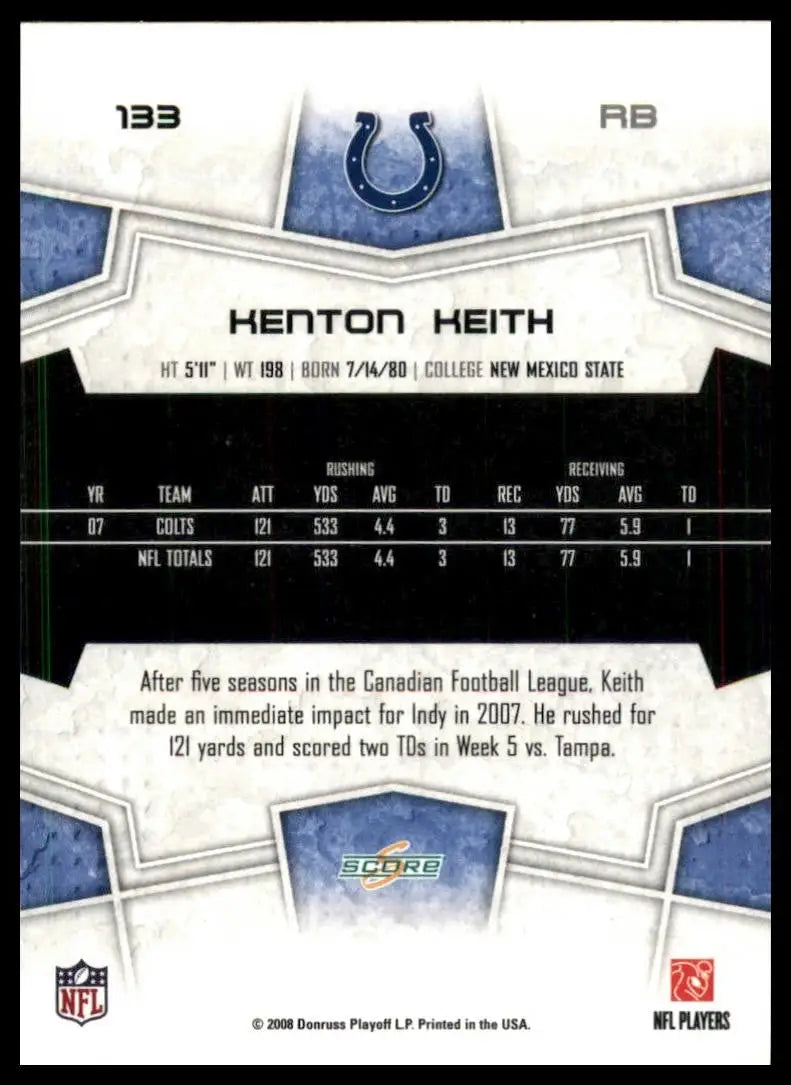 2008 Score Kenton Keith #133 Indianpolis Colts Football Card NFL Sports - Football Card Single