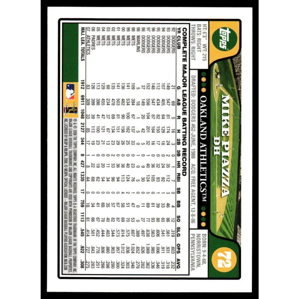 2008 Topps #72 Mike Piazza EX/NM Oakland Athletics Baseball Card - Baseball Card Single
