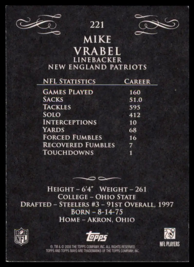 2008 Topps Mayo Mike Vrabel 221 New England Patriots LP - Football Card Single
