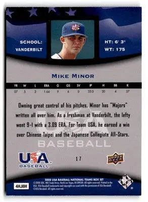 2008 Upper Deck USA Baseball Box Set card featuring USA Baseball pitcher Mike Minor