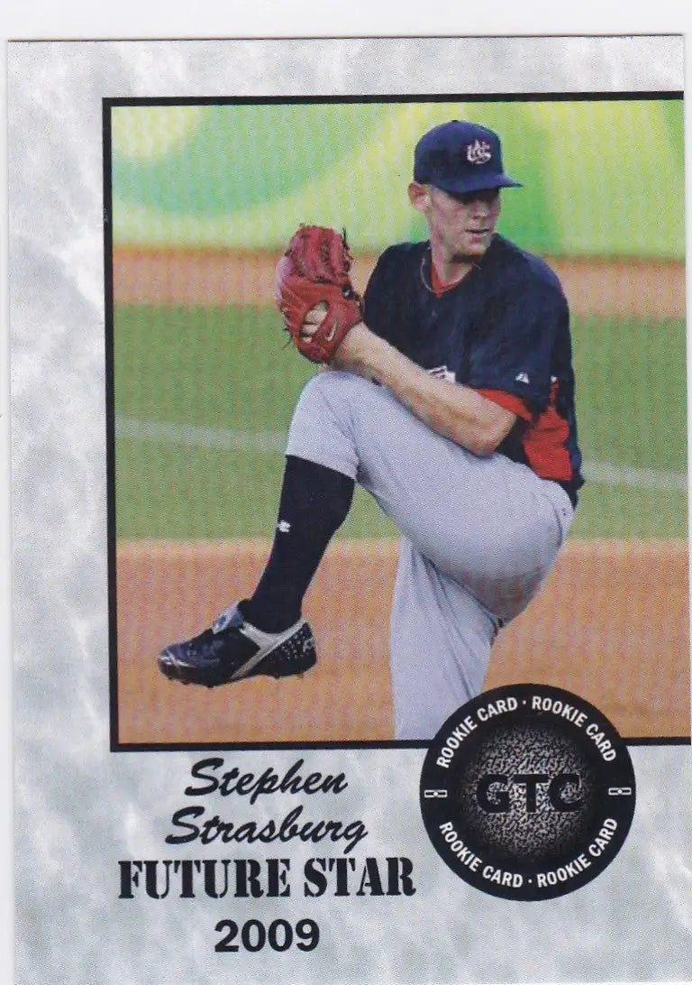 Baseball card of GTC Baseball Stephen Strasburg in dark uniform mid-windup pitch