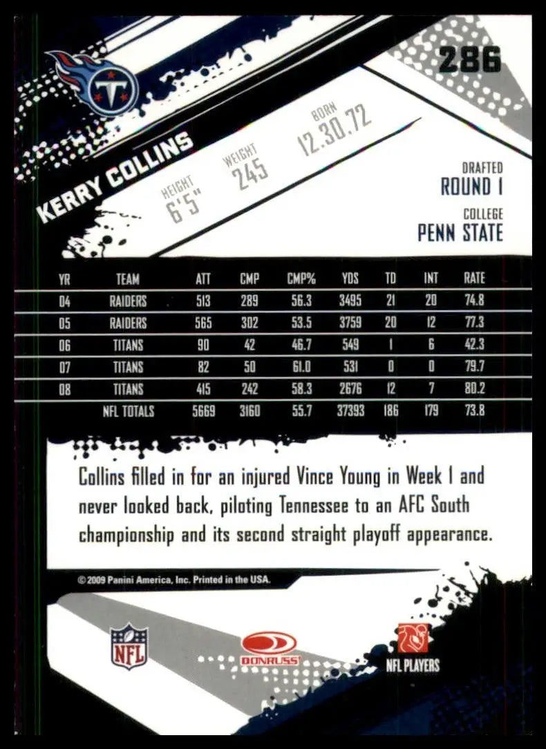 2009 Score Kerry Collins #286 Tennessee Titans Football Card NFL Sports - Football Card Single