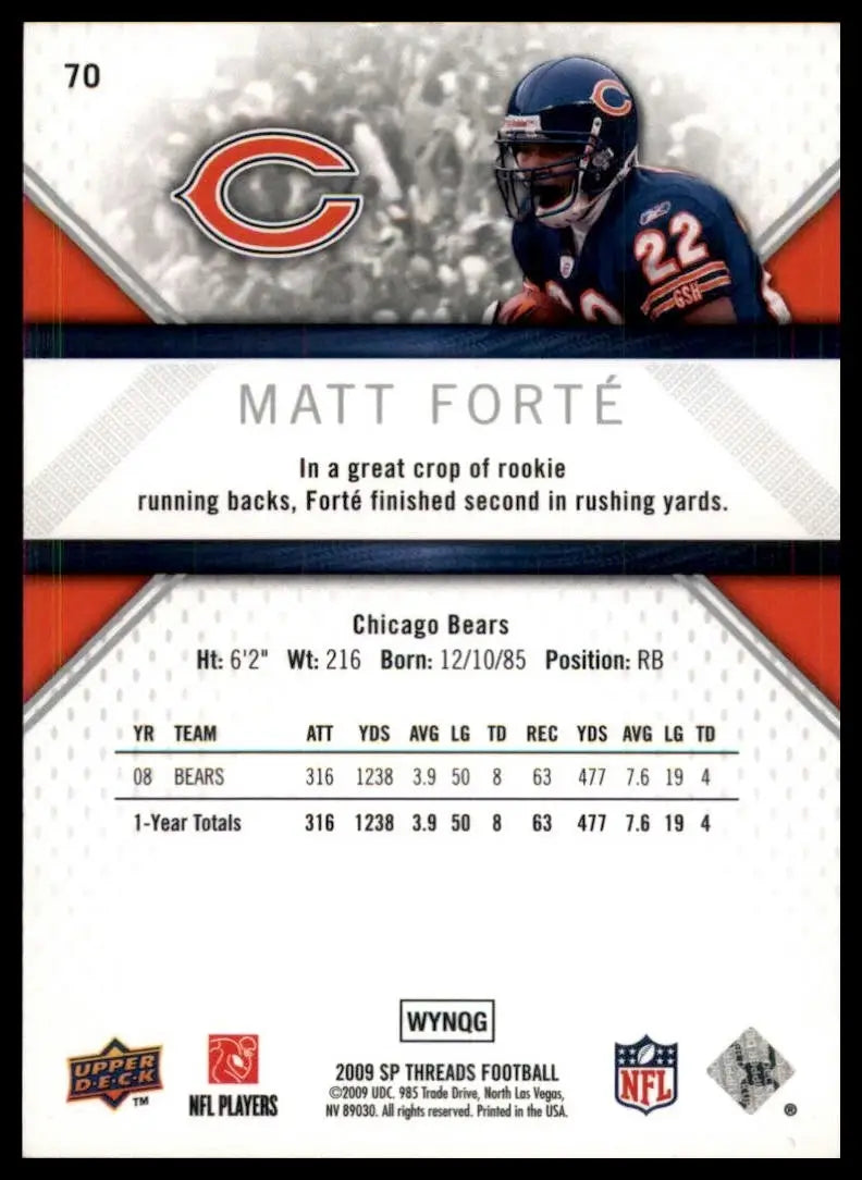 2009 SP Threads Matt Forte #70 Chicago Bears Football Card NFL Sports - Football Card Single