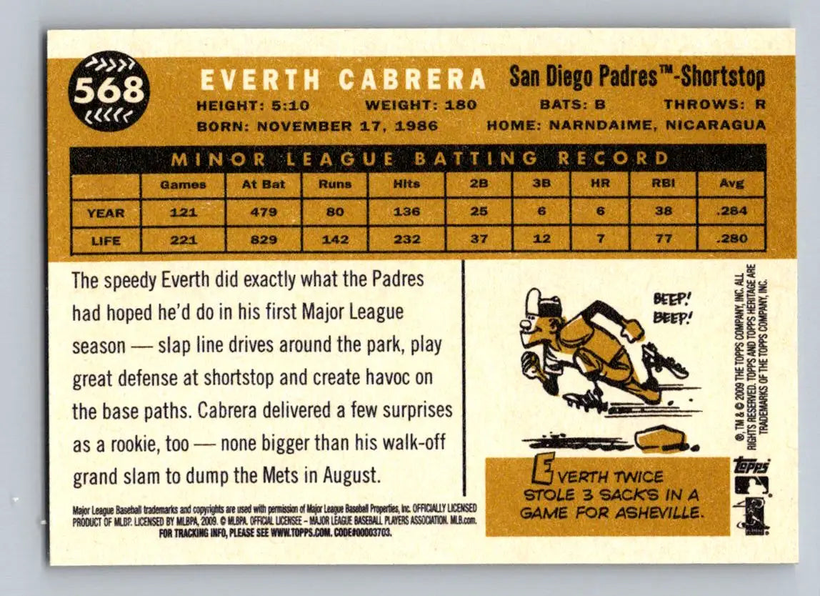 Baseball card back of 2009 Topps Heritage Everth Cabrera San Diego Padres Rookie