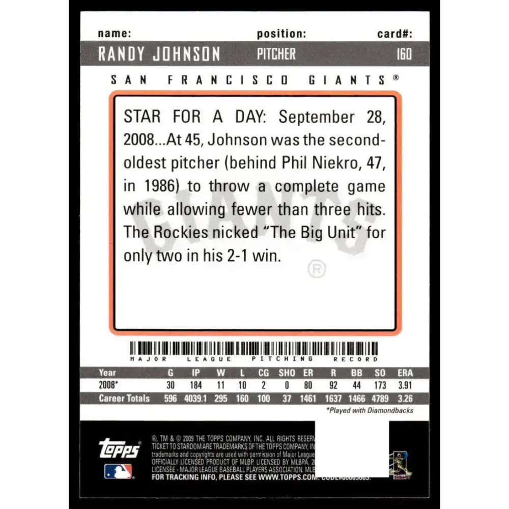 2009 Topps Ticket to Stardom #160 Randy Johnson EX/NM San Francisco Giants Baseball Card - Baseball Card Single