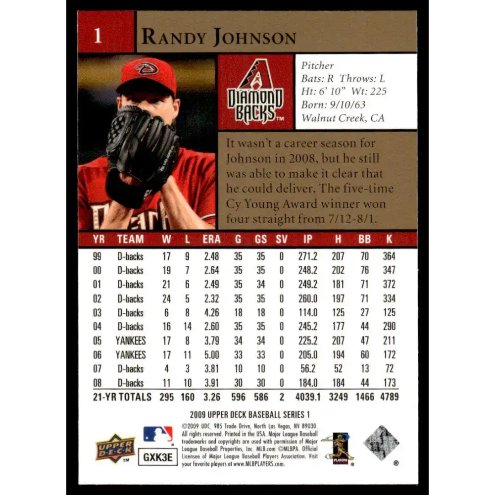 2009 Upper Deck #1 Randy Johnson EX/NM Arizona Diamondbacks Baseball Card - Baseball Card Single