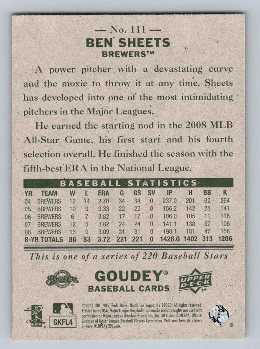 Back view of 2009 Upper Deck Goudey #111 Ben Sheets Milwaukee Brewers baseball card