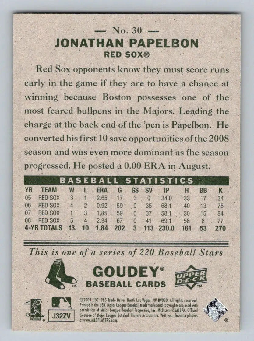 Jonathan Papelbon baseball card from 2009 Upper Deck Goudey #30 Boston Red Sox