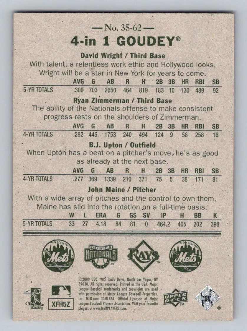 Back of 2009 Upper Deck Goudey #35-62 Wright Zimmerman Upton Maine baseball card