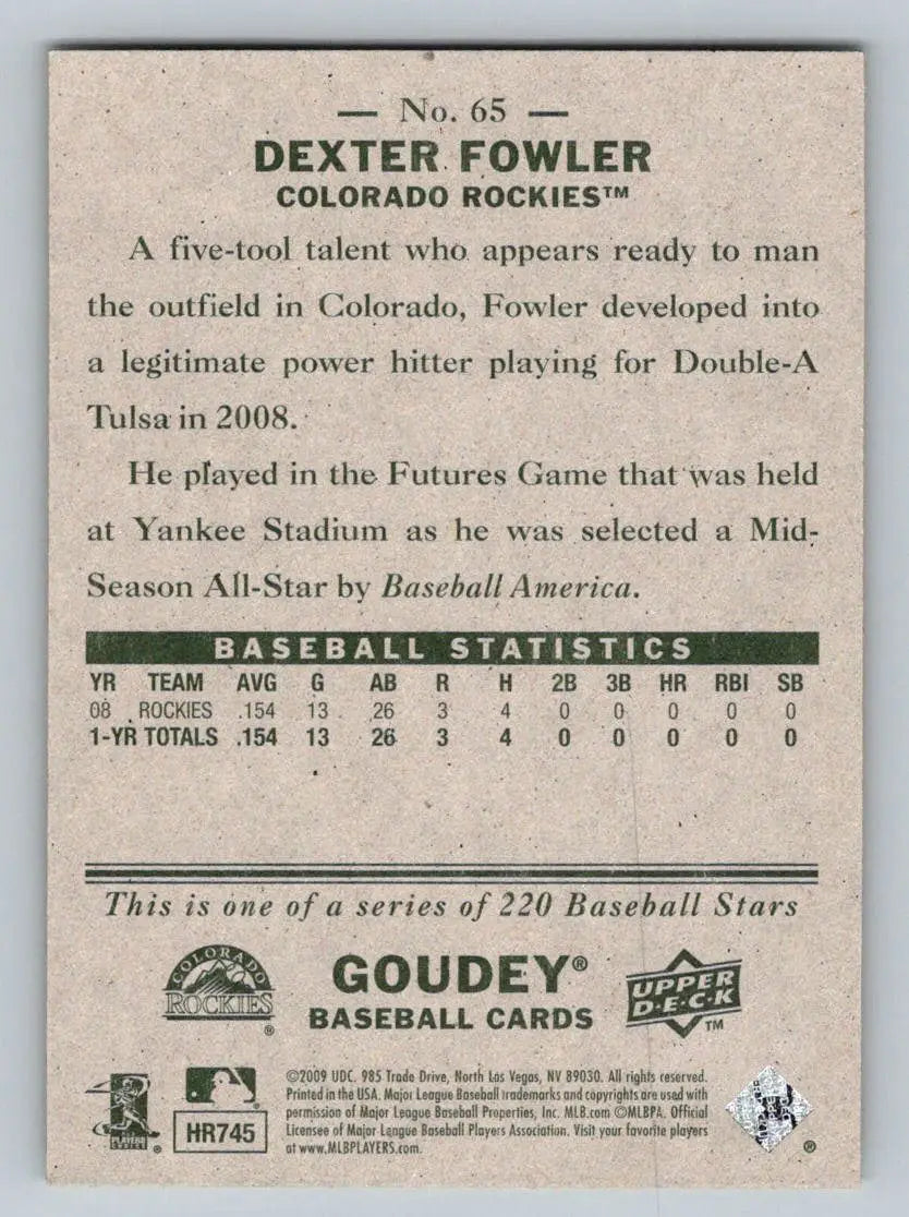 Dexter Fowler 2009 Upper Deck Goudey #65 baseball card Colorado Rockies collectible