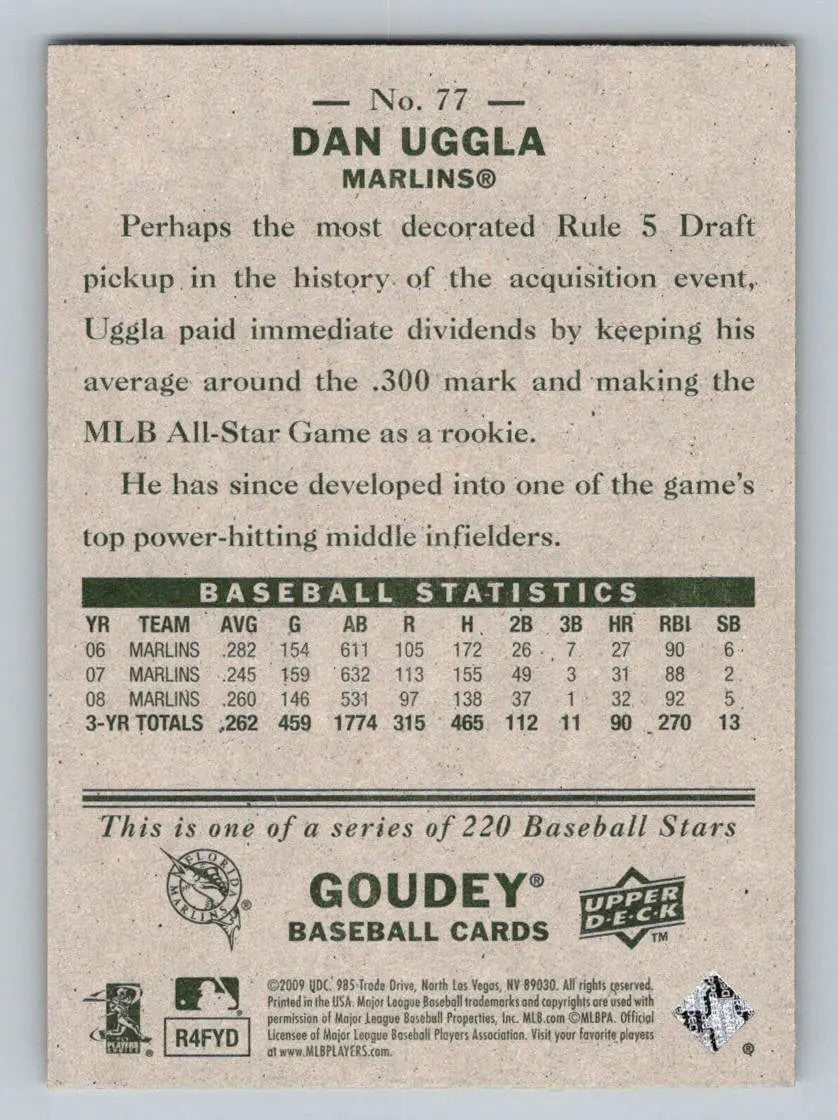 Dan Uggla baseball card from 2009 Upper Deck Goudey #77 featuring Florida Marlins